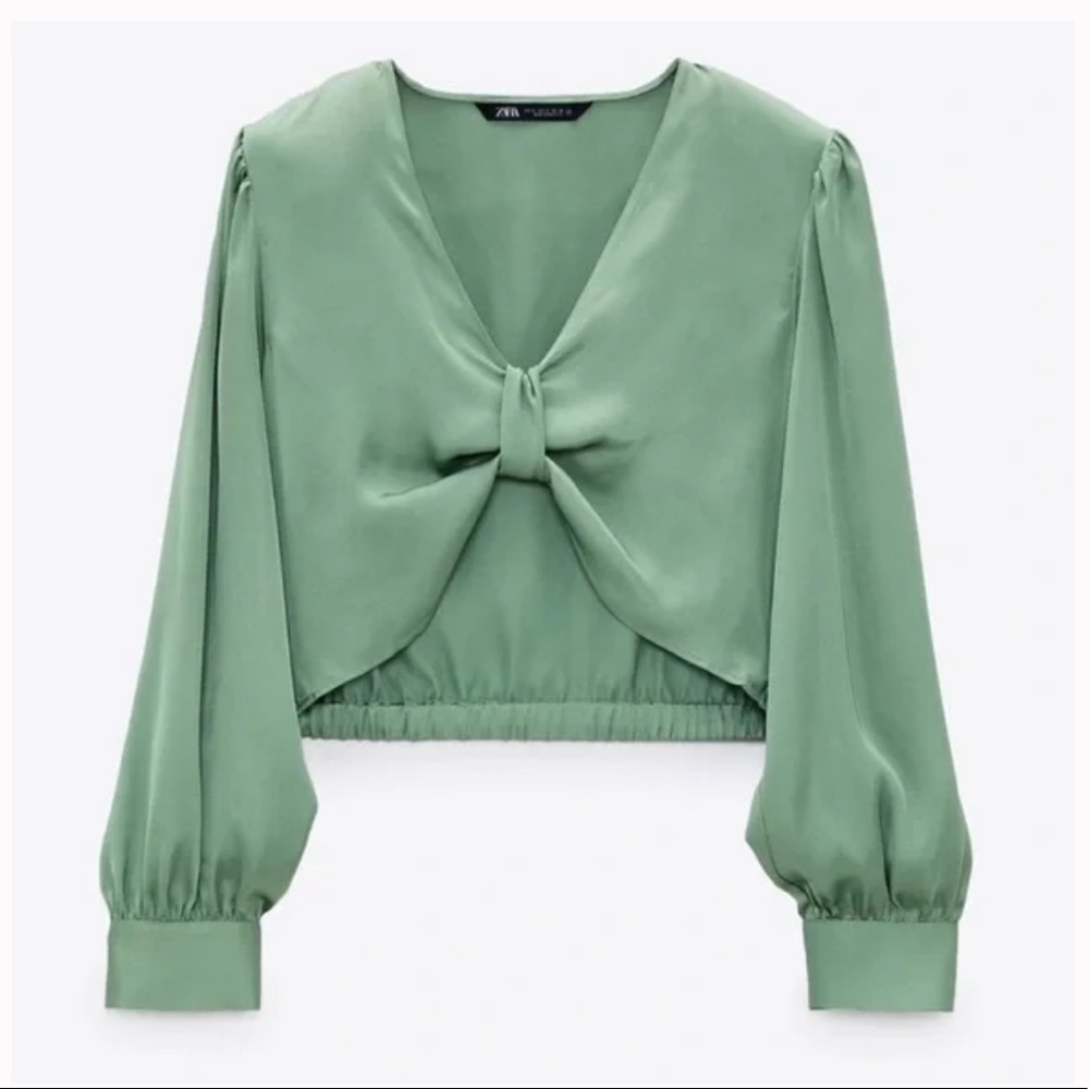 NWT ZARA GREEN SILK KNOT TOP SIZE XS